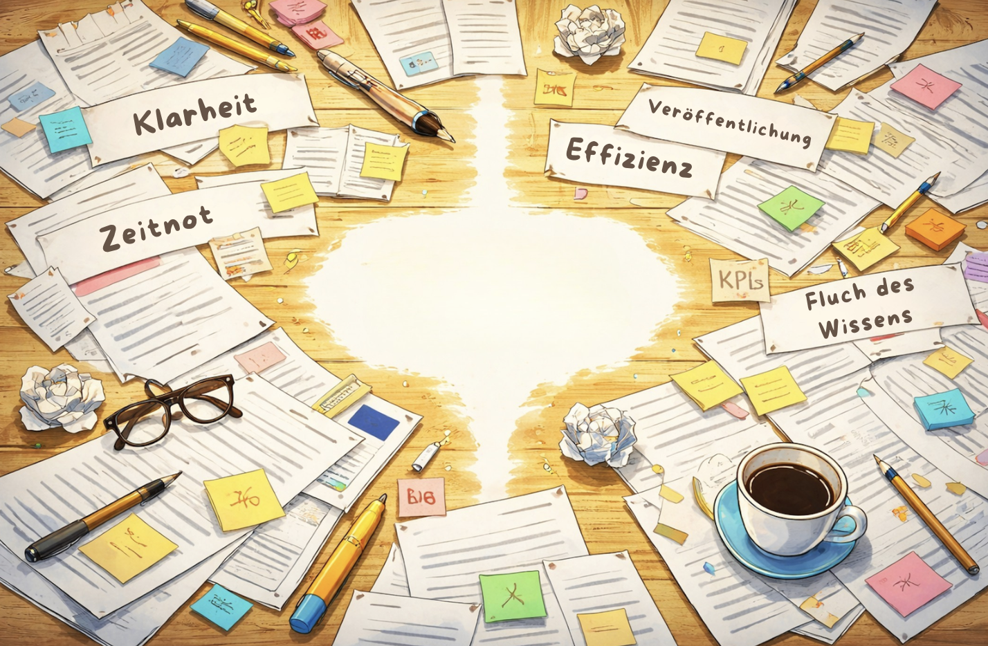 Chaotischer Schreibtisch, brainstorming für Texte