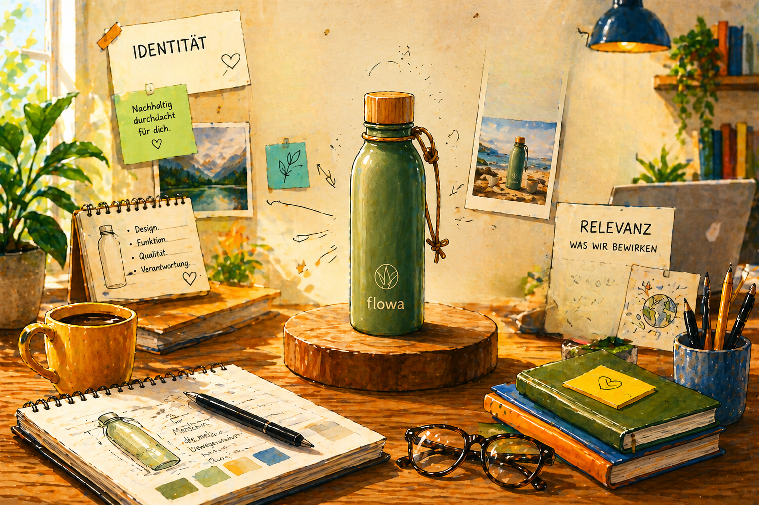 Editoriales Blogbild zum Thema Storytelling für Unternehmen: Collage aus Sprechblasen, Puzzle-Teilen und Notizen auf hellem Hintergrund, die Begriffe wie Identität, Reputation und Relevanz visuell darstellen und die Verbindung zwischen Markenbotschaft und Wirkung symbolisieren.